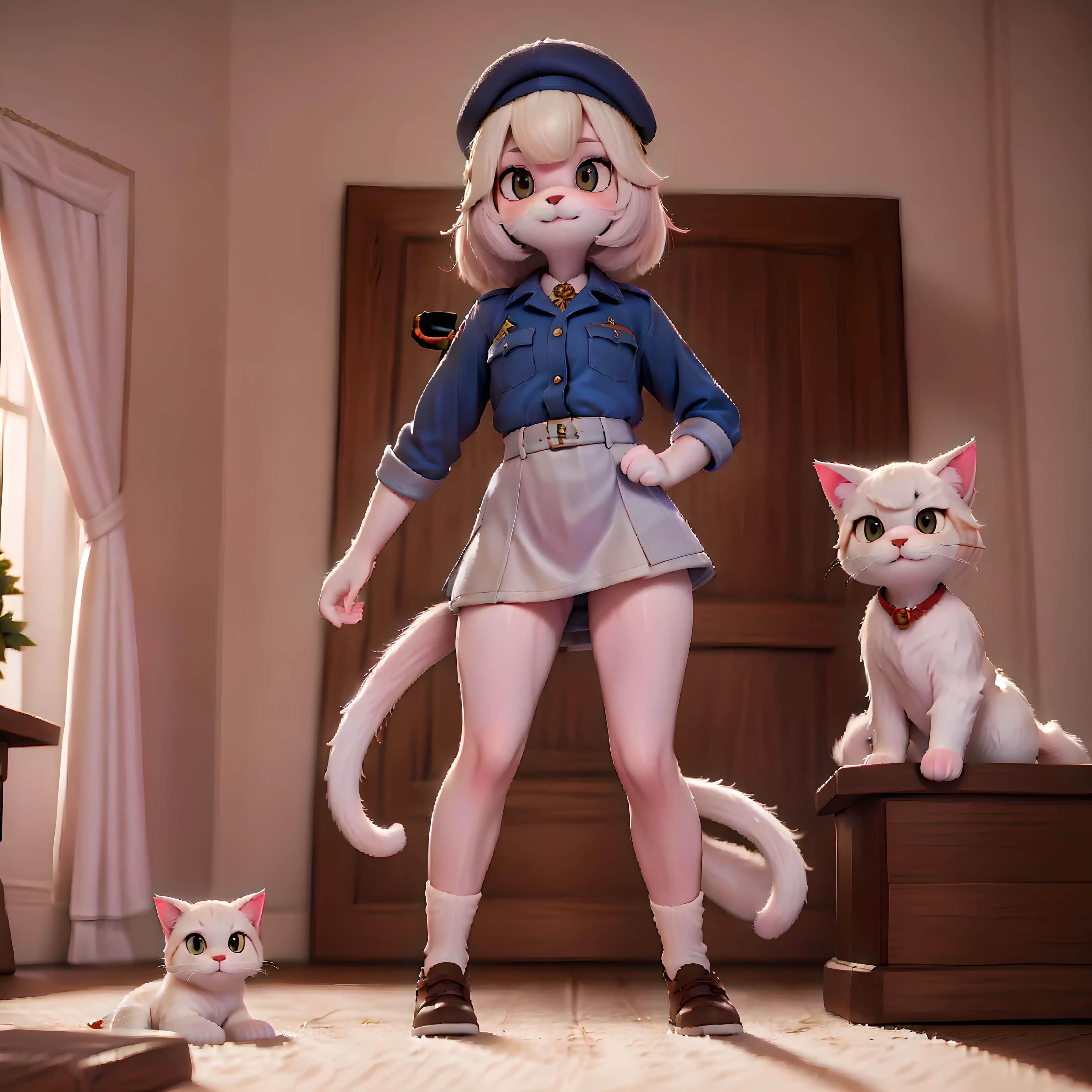 Anthropomorphic animal, white cat, wearing beret, wearing military shirt, wearing miniskirt, showing pussy, skirt lift, nude