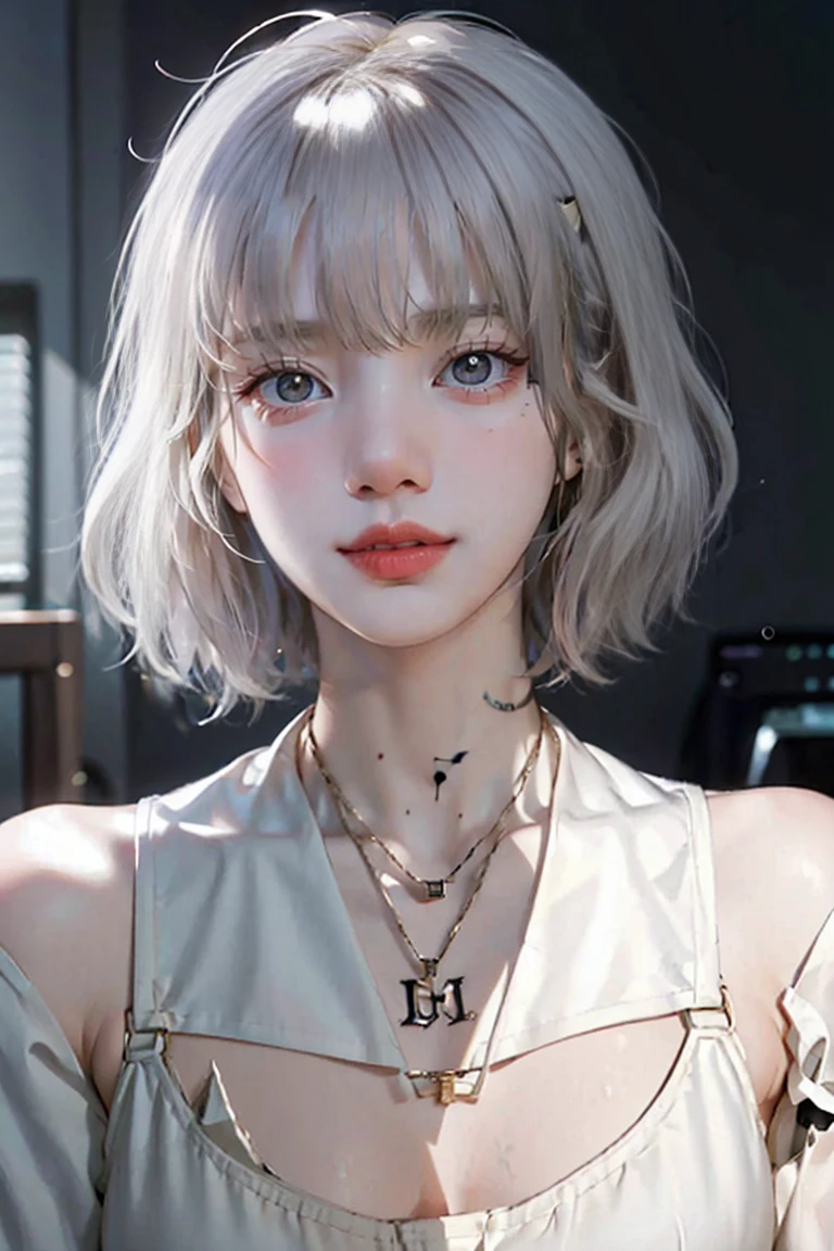 ((Close-up of a woman with tattoos on her chest)), girl, ((Short white hair with bangs, Black strands of hair)), Purple eyes, White T-shirt and white cape, Pendant around the neck. 超High resolution.Realistic. 超High resolution.Realistic:1.4,超High resolution. Realistic，High resolutionで, masterpiece, Highest quality, Very detailed, Better Shadows, Volumetric lighting), super high quality, High resolution, 8k, 超Realisticな肖像画 , Realistic, Dynamic Lighting, Volumetric lighting, Very detailed顔,(Browsing Caution:0.8),Large Breasts