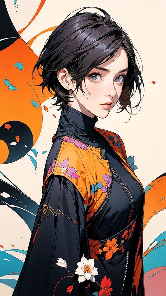 From above, Focus on the upper body, 20-year-old woman, Asymmetrical colorful short hair, Turtleneck and jacket coordination, Petal Collage, abstract design, artistic juxtapositions, And handle background, warm color, mixed-media approach, Anime Style, Digital Painting, (masterpiece, High resolution, Highest quality)