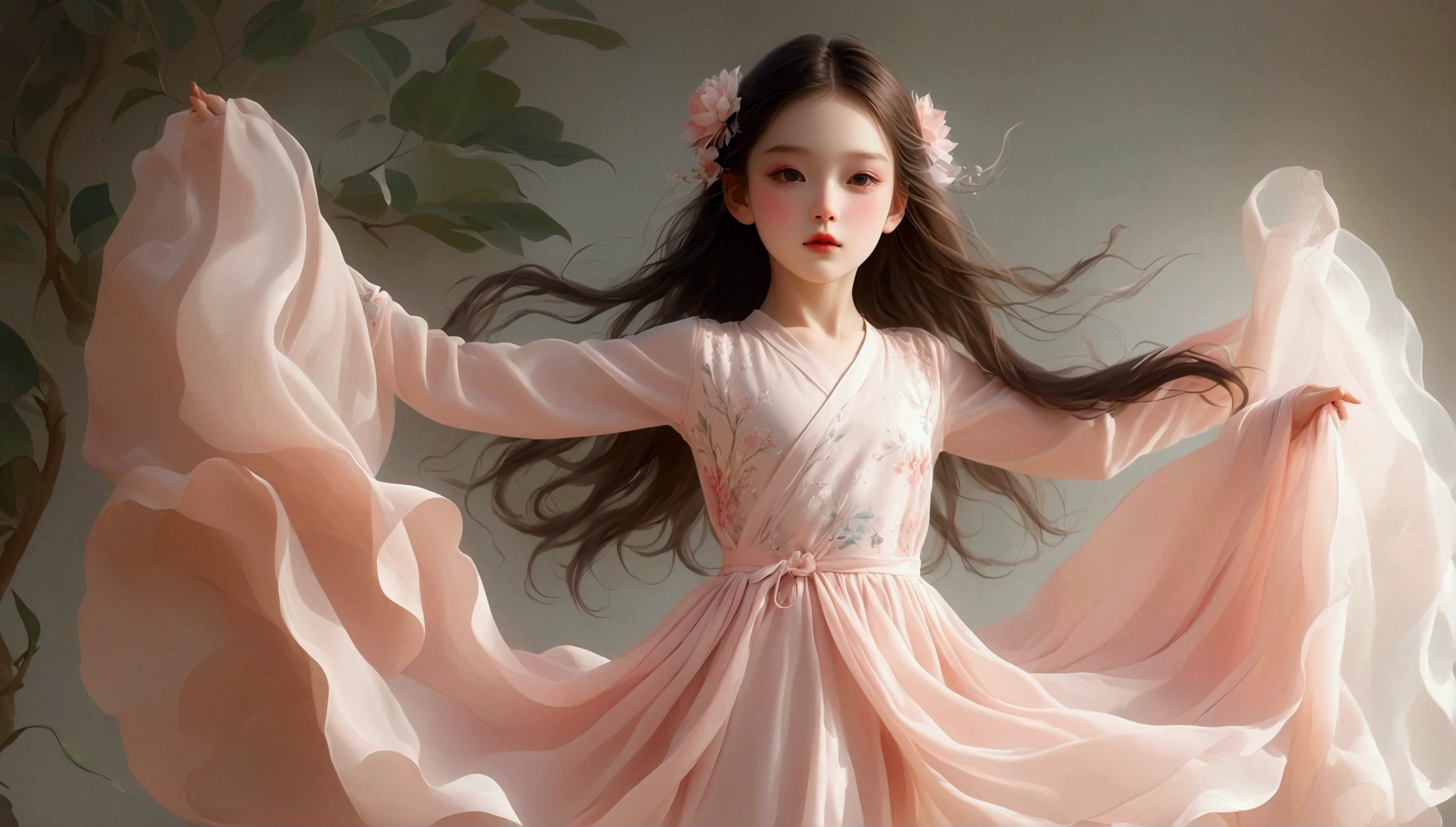 Beautiful dance photography；A little girl，Solitary；dancing little girl；[Black Eyeball，confidence，High and cold，happy]；[Long skirt，Elegant，Long sleeve；Set，Light pink and white gradient，Traditional style，The skirt has no pattern，Long skirt下摆像花瓣，Connect with the background,]；Full body panorama 1.5，Character front；Composition：The character is on the right side of the screen，Large area of white space；Long hair in the wind,Fashion, Dynamic photography, Dynamic photography；Influence of modernism, nature, , modern Art, Astonishing, blur background, Soft lighting，Character front光, happy emotion, Simple style；Minimalism。Panoramic photography；Shallow depth of field, Extraordinary details, masterpiece, high quality, 4K，cinematic lighting, motion blur, depth of field, sparkle, ray tracing, reflection light, anatomically correct, uhd, textured skin, best quality, super detail, highres, high details, accurate, high quality, award winning。