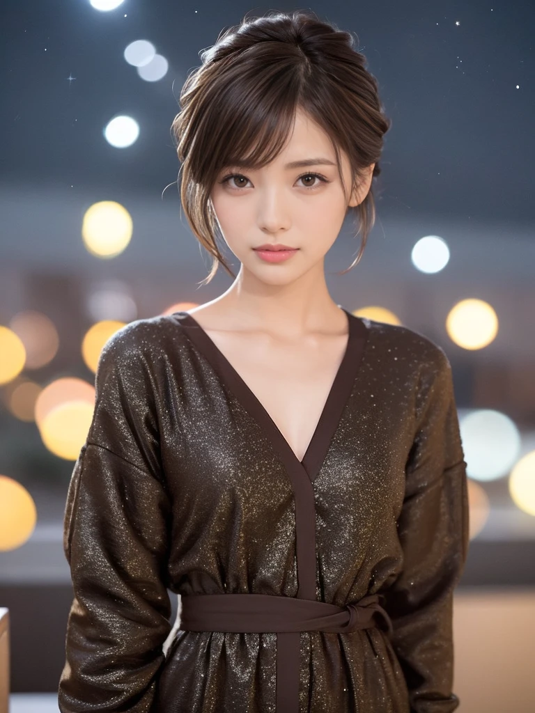 (One woman), hair up, short bob, 28 years old, Japanese, brown eyes, brown hair, slim figure, flat chest, Summer casual outfit
Blake
Look up at the stars at night. The tiny lights of the little stars are twinkling and twinkling.
