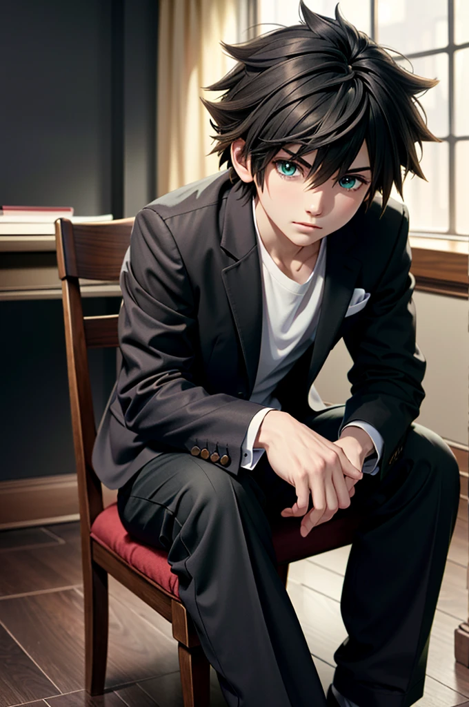 ((ultra detailed, masterpiece, absurdres))
 KHSora, 1boy, solo, brown hair, green eyes, spiked hair, Studio noir, moody shadows, sitting on vintage chair, tailored suit, mysterious allure