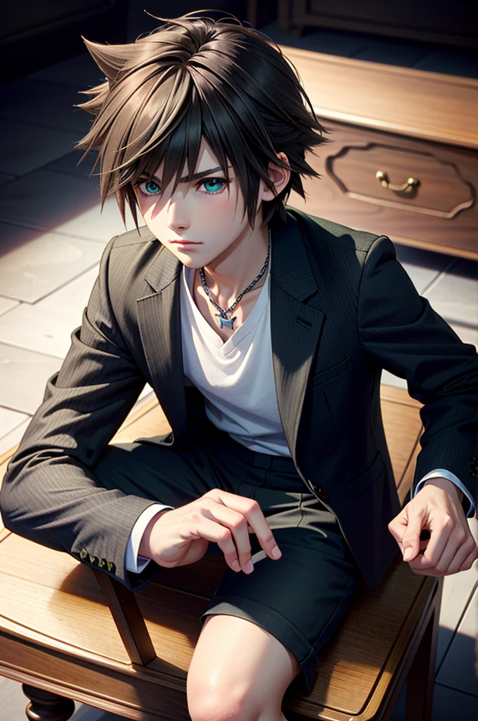 ((ultra detailed, masterpiece, absurdres))
 KHSora, 1boy, solo, brown hair, green eyes, spiked hair, Studio noir, moody shadows, sitting on vintage chair, tailored suit, mysterious allure