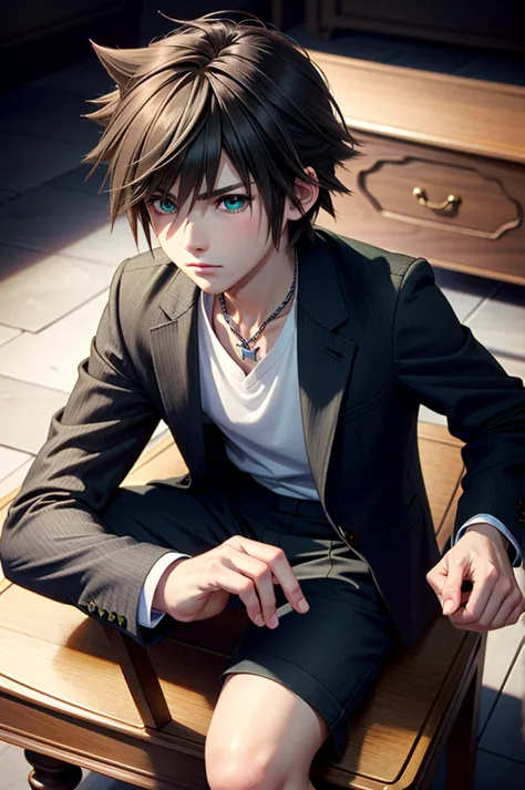 ((ultra detailed, masterpiece, absurdres))
 khsora, 1boy, solo, brown hair, green eyes, spiked hair, studio noir, moody shadows,...