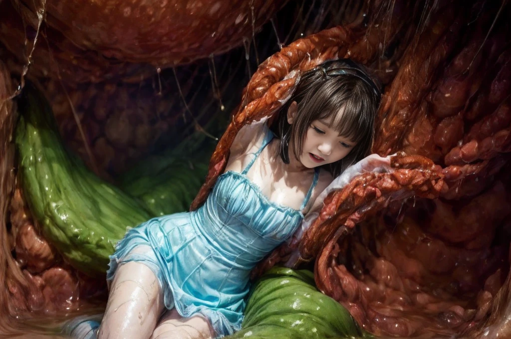 tentacles raping chjld himeka (inside creature:1.4) of stinky saliva fluids, (stinky dress), wet girl, sitting, ((looking at the viewer)), wet skin, bukkake, anguished, bound by slimy tentacles, bdsm, vine, sitting in a mirror, she is resisting from cum shot, fetish, pussy juice stain, (she is hiding her mouth:1.5) inside creature, slimy ((wet skin)) dripping, (beautiful eyes), dried saliva, ((steaming)), depth of field, 1girl, solo