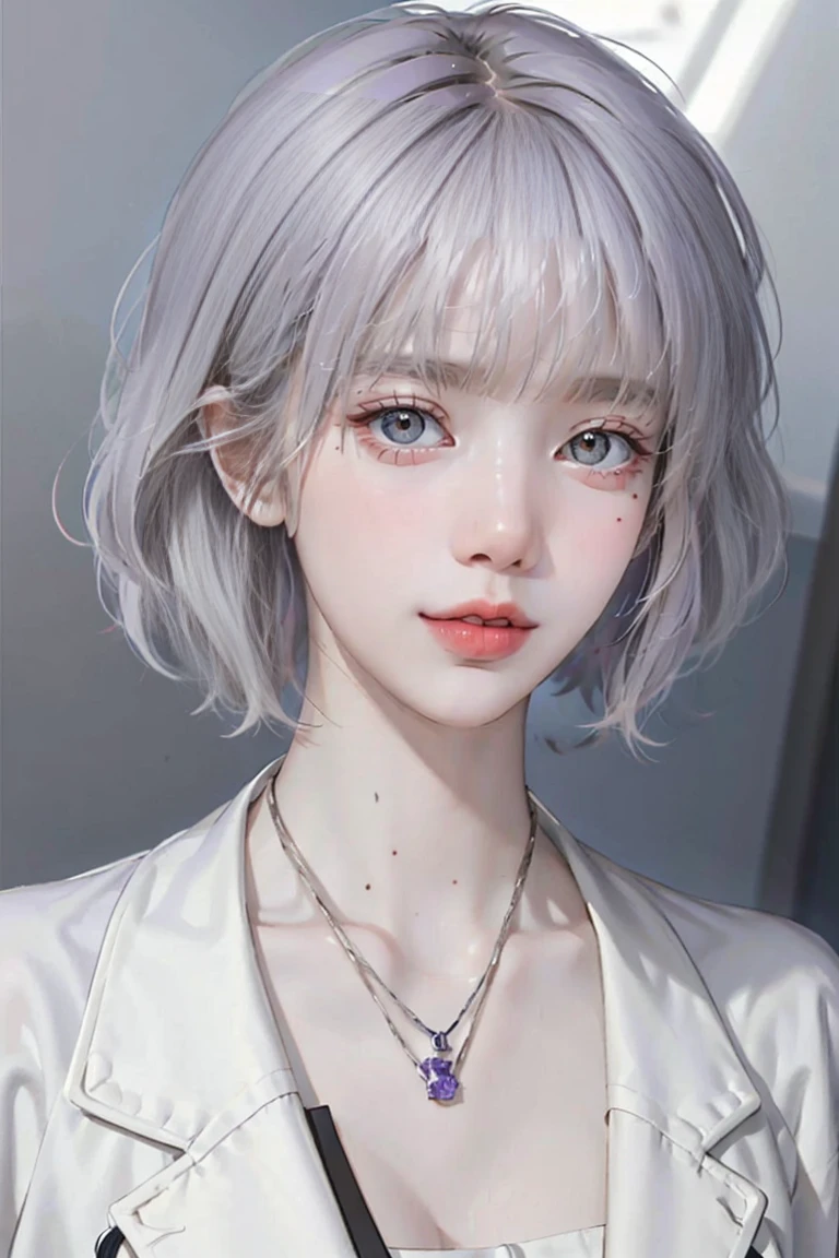 ((woman with tattoo on chest)), girl, ((Short white hair with bangs, Black strands of hair)), Purple eyes, White T-shirt and white cape, Pendant around the neck. 超High resolution.Realistic. 超High resolution.Realistic:1.4,超High resolution. Realistic，High resolutionで, masterpiece, Highest quality, Very detailed, Better Shadows, Volumetric lighting), super high quality, High resolution, 8k, 超Realisticな肖像画 , Realistic, Dynamic Lighting, Volumetric lighting, Very detailed顔,(Browsing Caution:1.2),Large Breasts,Natural and beautiful standing posture, 