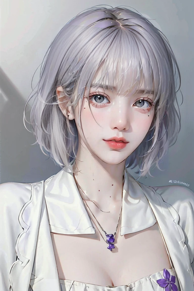 ((woman with tattoo on chest)), girl, ((Short white hair with bangs, Black strands of hair)), Purple eyes, White T-shirt and white cape, Pendant around the neck. 超High resolution.Realistic. 超High resolution.Realistic:1.4,超High resolution. Realistic，High resolutionで, masterpiece, Highest quality, Very detailed, Better Shadows, Volumetric lighting), super high quality, High resolution, 8k, 超Realisticな肖像画 , Realistic, Dynamic Lighting, Volumetric lighting, Very detailed顔,(Browsing Caution:1.2),Large Breasts,Natural and beautiful standing posture, 