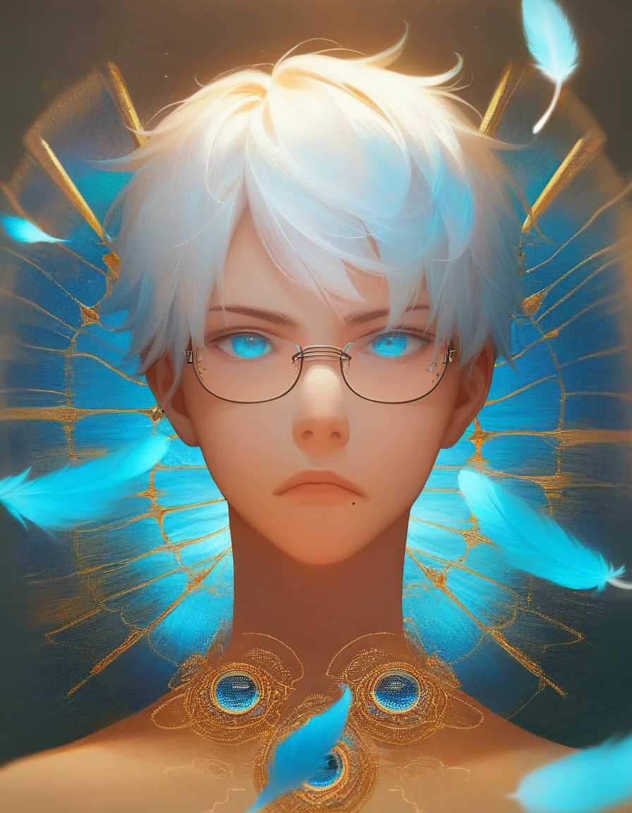 (score_9, score_8_up, score_7_up), zPDXL, 1 boy, alone, looking at viewer, simple warm colored background, neon blue eyes, close-up, short hair, white hair, broken glasses, lenses, neon blue feathers falling, serious look, determination, dark aura, front view, masterpiece, best quality, hyper detailed, cinematic light, intricate detail, high resolution, official art, detailed glow, blue light feathers, portrait, the pupil of the eyes with detailed structures, miracle, dark atmosphere, neon blue feathers, mole, jewelry accessories, diffraction peak, vibrant colors, concept artist, electronic links, falling feather