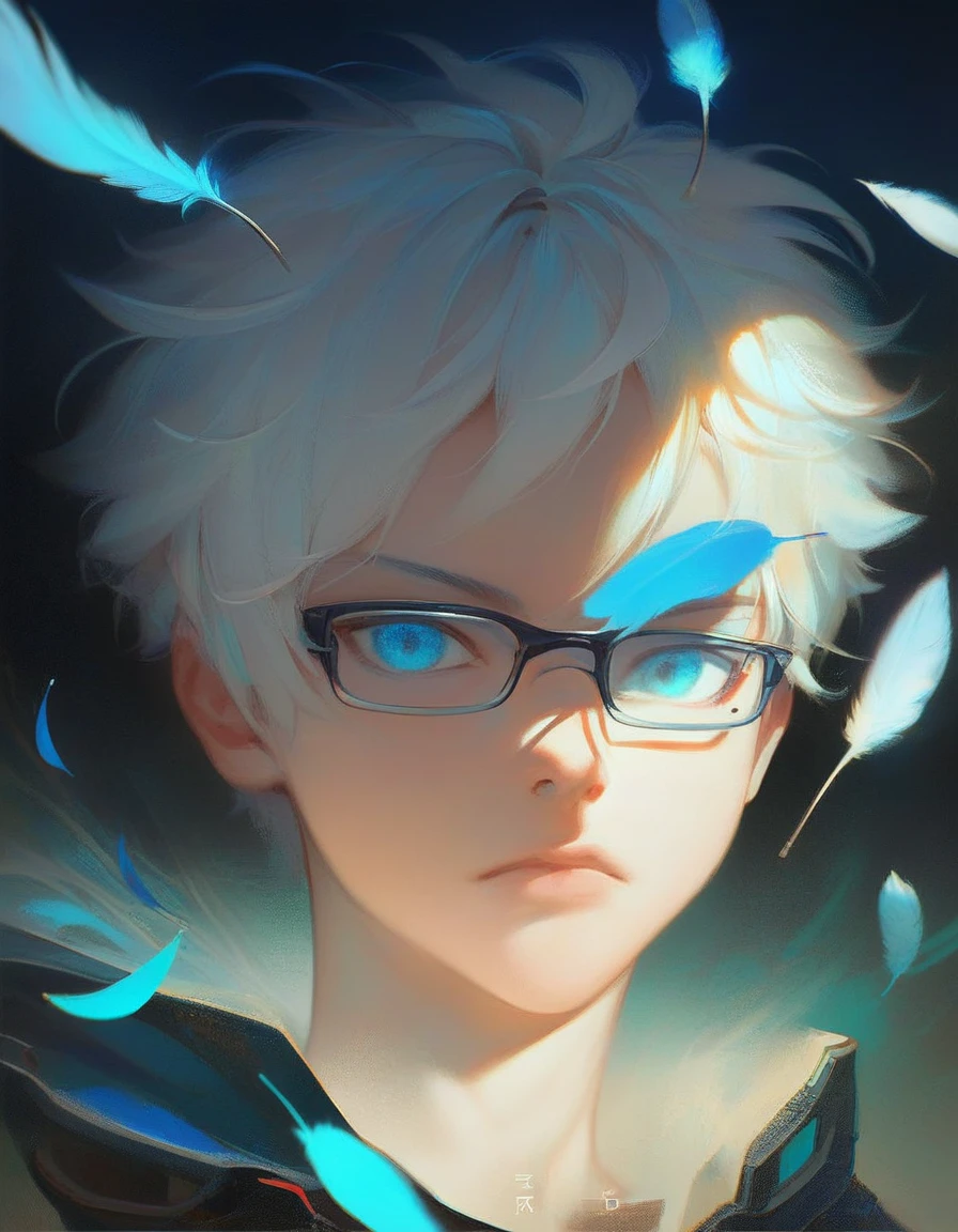 (score_9, score_8_up, score_7_up), zPDXL, 1 boy, alone, looking at viewer, simple warm colored background, neon blue eyes, close-up, short hair, white hair, broken glasses, lenses, neon blue feathers falling, serious look, determination, dark aura, front view, masterpiece, best quality, hyper detailed, cinematic light, intricate detail, high resolution, official art, detailed glow, blue light feathers, portrait, the pupil of the eyes with detailed structures, miracle, dark atmosphere, neon blue feathers, mole, jewelry accessories, diffraction peak, vibrant colors, concept artist, electronic links, falling feather