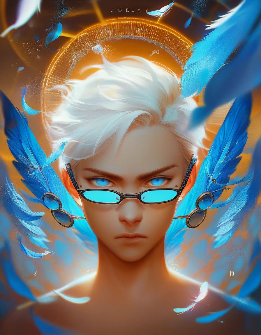 (score_9, score_8_up, score_7_up), zPDXL, 1 boy, alone, looking at viewer, simple warm colored background, neon blue eyes, close-up, short hair, white hair, broken glasses, lenses, neon blue feathers falling, serious look, determination, dark aura, front view, masterpiece, best quality, hyper detailed, cinematic light, intricate detail, high resolution, official art, detailed glow, blue light feathers, portrait, the pupil of the eyes with detailed structures, miracle, dark atmosphere, neon blue feathers, mole, jewelry accessories, diffraction peak, vibrant colors, concept artist, electronic links, falling feather