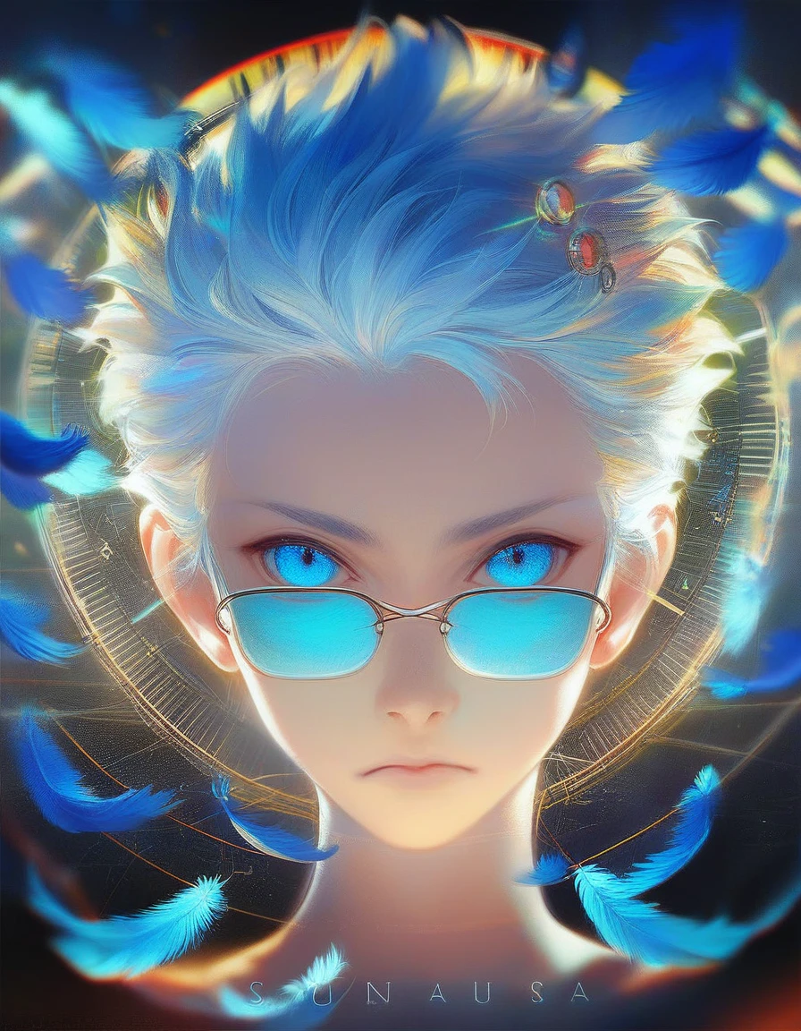 (score_9, score_8_up, score_7_up), zPDXL, 1 boy, alone, looking at viewer, simple warm colored background, neon blue eyes, close-up, short hair, white hair, broken glasses, lenses, neon blue feathers falling, serious look, determination, dark aura, front view, masterpiece, best quality, hyper detailed, cinematic light, intricate detail, high resolution, official art, detailed glow, blue light feathers, portrait, the pupil of the eyes with detailed structures, miracle, dark atmosphere, neon blue feathers, mole, jewelry accessories, diffraction peak, vibrant colors, concept artist, electronic links, falling feather