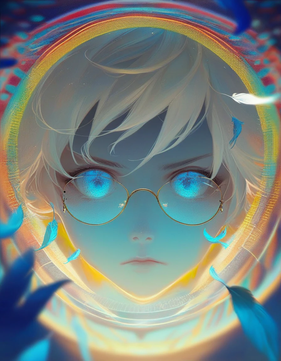 (score_9, score_8_up, score_7_up), zPDXL, 1 boy, alone, looking at viewer, simple warm colored background, neon blue eyes, close-up, short hair, white hair, broken glasses, lenses, neon blue feathers falling, serious look, determination, dark aura, front view, masterpiece, best quality, hyper detailed, cinematic light, intricate detail, high resolution, official art, detailed glow, blue light feathers, portrait, the pupil of the eyes with detailed structures, miracle, dark atmosphere, neon blue feathers, mole, jewelry accessories, diffraction peak, vibrant colors, concept artist, electronic links, falling feather