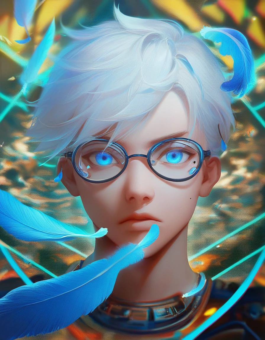 (score_9, score_8_up, score_7_up), zPDXL, 1 boy, alone, looking at viewer, simple warm colored background, neon blue eyes, close-up, short hair, white hair, broken glasses, lenses, neon blue feathers falling, serious look, determination, dark aura, front view, masterpiece, best quality, hyper detailed, cinematic light, intricate detail, high resolution, official art, detailed glow, blue light feathers, portrait, the pupil of the eyes with detailed structures, miracle, dark atmosphere, neon blue feathers, mole, jewelry accessories, diffraction peak, vibrant colors, concept artist, electronic links, falling feather