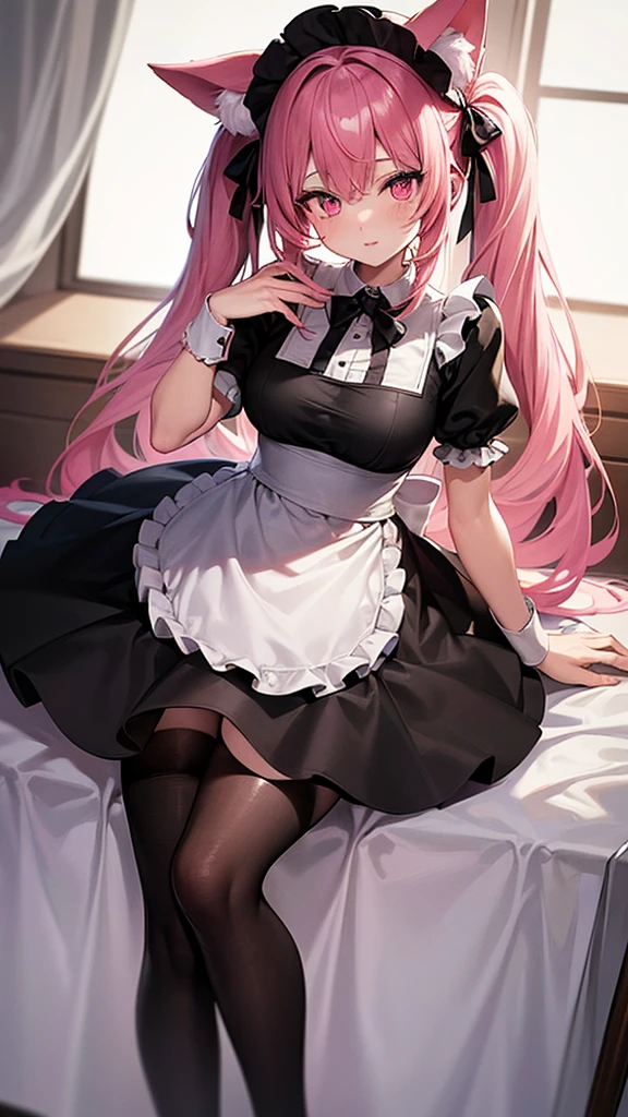 (Highest quality,High resolution,Very detailed,girl)black tights,Pink Hair,height: 160cm,cute,Pink Eyes,Wearing maid uniform,Twin tails,Big Breasts,Her eyes are white and shining,Has bright white eyes,looks very shy,Cat ears grow,The tail is growing,