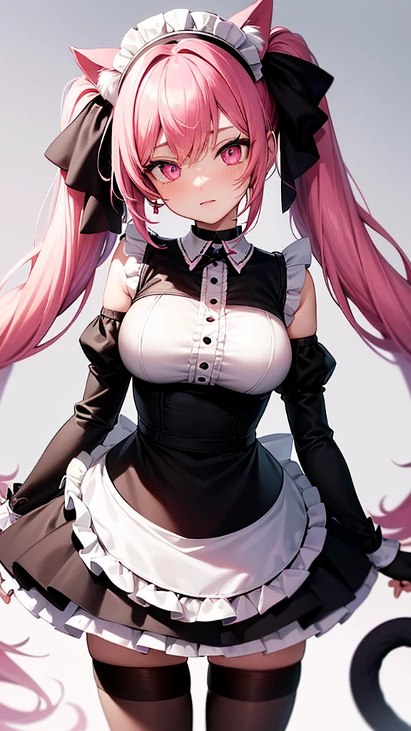 (Highest quality,High resolution,Very detailed,girl)black tights,Pink Hair,height: 160cm,cute,Pink Eyes,Wearing maid uniform,Twin tails,Big Breasts,Her eyes are white and shining,Has bright white eyes,looks very shy,Cat ears grow,The tail is growing,