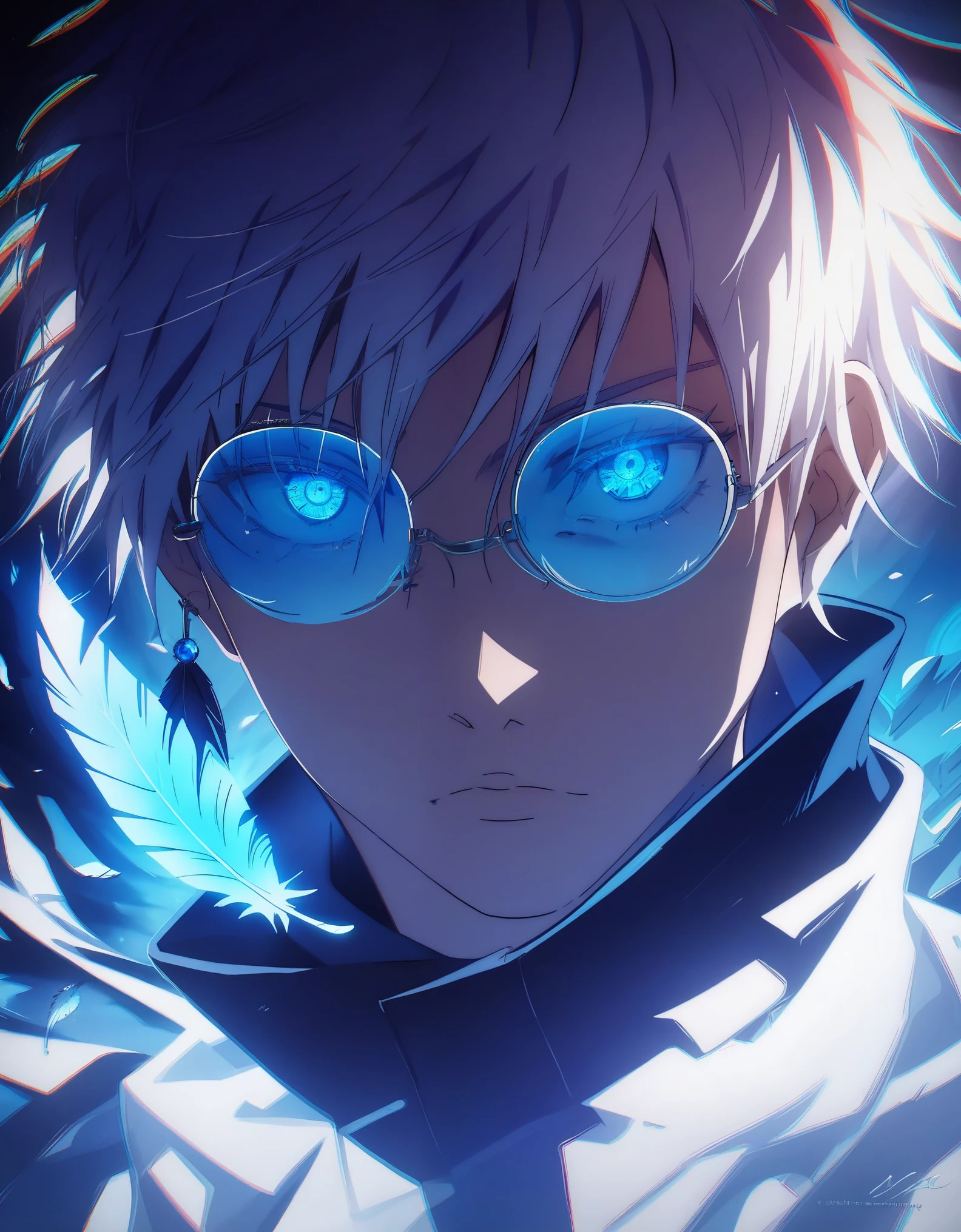 (score_9, score_8_up, score_7_up), zPDXL, 1 boy, alone, looking at viewer, simple warm colored background, neon blue eyes, close-up, short hair, white hair, broken glasses, lenses, neon blue feathers falling, serious look, determination, dark aura, front view, masterpiece, best quality, hyper detailed, cinematic light, intricate detail, high resolution, official art, detailed glow, blue light feathers, portrait, the pupil of the eyes with detailed structures, miracle, dark atmosphere, neon blue feathers, mole, jewelry accessories, diffraction peak, vibrant colors, concept artist, electronic links, falling feather