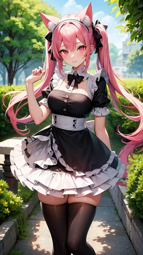 (highest quality,high resolution,very detailed,girl)black tights,pink hair,height: 160cm,cute,pink eyes,wearing maid uniform,twi...