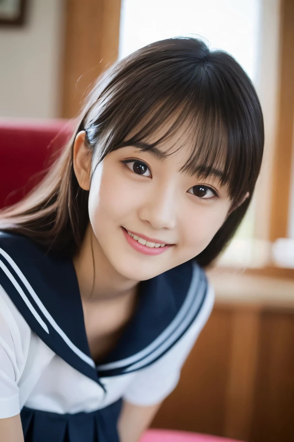 One Girl, (White shirt, Sailor , Navy blue pleated skirt:1.2), (13 years old:1.5), Young Face, Cute Face, 
(RAW Photos, Highest quality), (Realistic, Photorealistic:1.4), Tabletop, Sharp focus, 
Very delicate and beautiful, Very detailed, 2k wallpaper, wonderful, In detail, 
Very detailed CG Unity 8K 壁紙, Very detailed, High resolution, Soft Light, 
Beautiful detailed girl, Very detailed目と顔, Beautifully detailed nose, Beautiful attention to detail, Cute big eyes with double eyelids,
break
In the bright living room, Cinema Lighting, 
Perfect Anatomy, Slender body, Black straight hair, Parted bangs, smile, View your viewers,