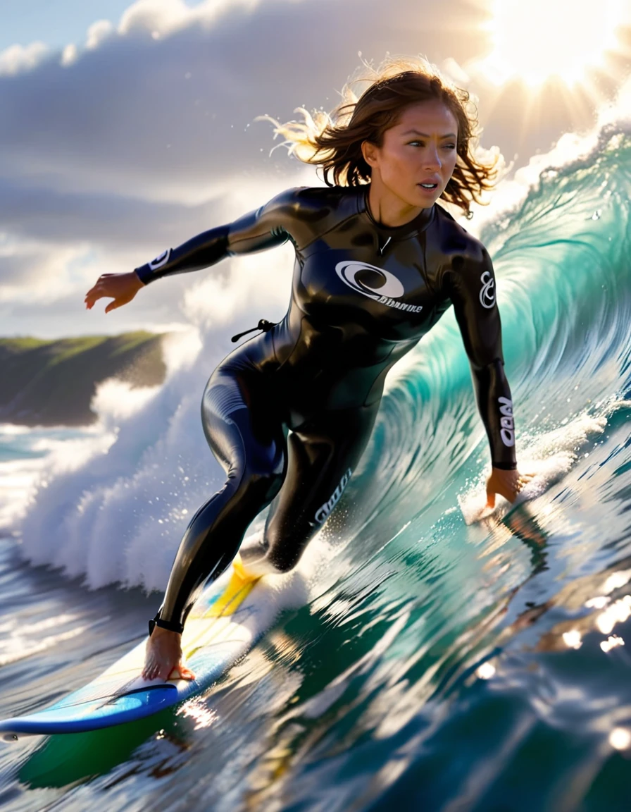 Female surfer riding big big wave pipeline、Dramatic ocean waves、Cloudy、Sun glare、Wetsuits、Dynamic Motion Blur:1.5、Splash of the sea、Bright colors、Photorealistic、8k、Highest quality、masterpiece、Super detailed、Extremely detailed