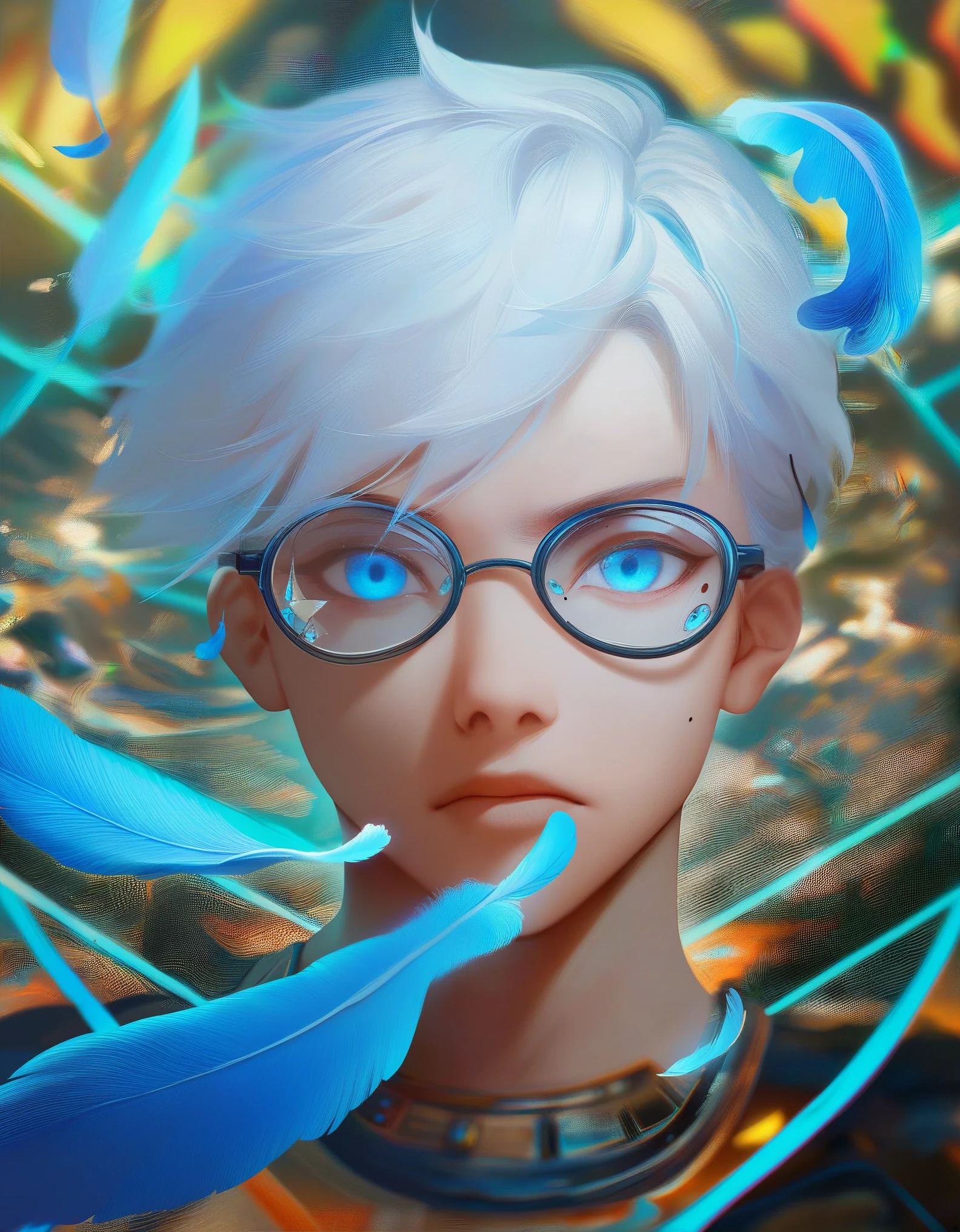 (score_9, score_8_up, score_7_up), zPDXL, 1 boy, alone, looking at viewer, simple warm colored background, neon blue eyes, close-up, short hair, white hair, broken glasses, lenses, neon blue feathers falling, serious look, determination, dark aura, front view, masterpiece, best quality, hyper detailed, cinematic light, intricate detail, high resolution, official art, detailed glow, blue light feathers, portrait, the pupil of the eyes with detailed structures, miracle, dark atmosphere, neon blue feathers, mole, jewelry accessories, diffraction peak, vibrant colors, concept artist, electronic links, falling feather