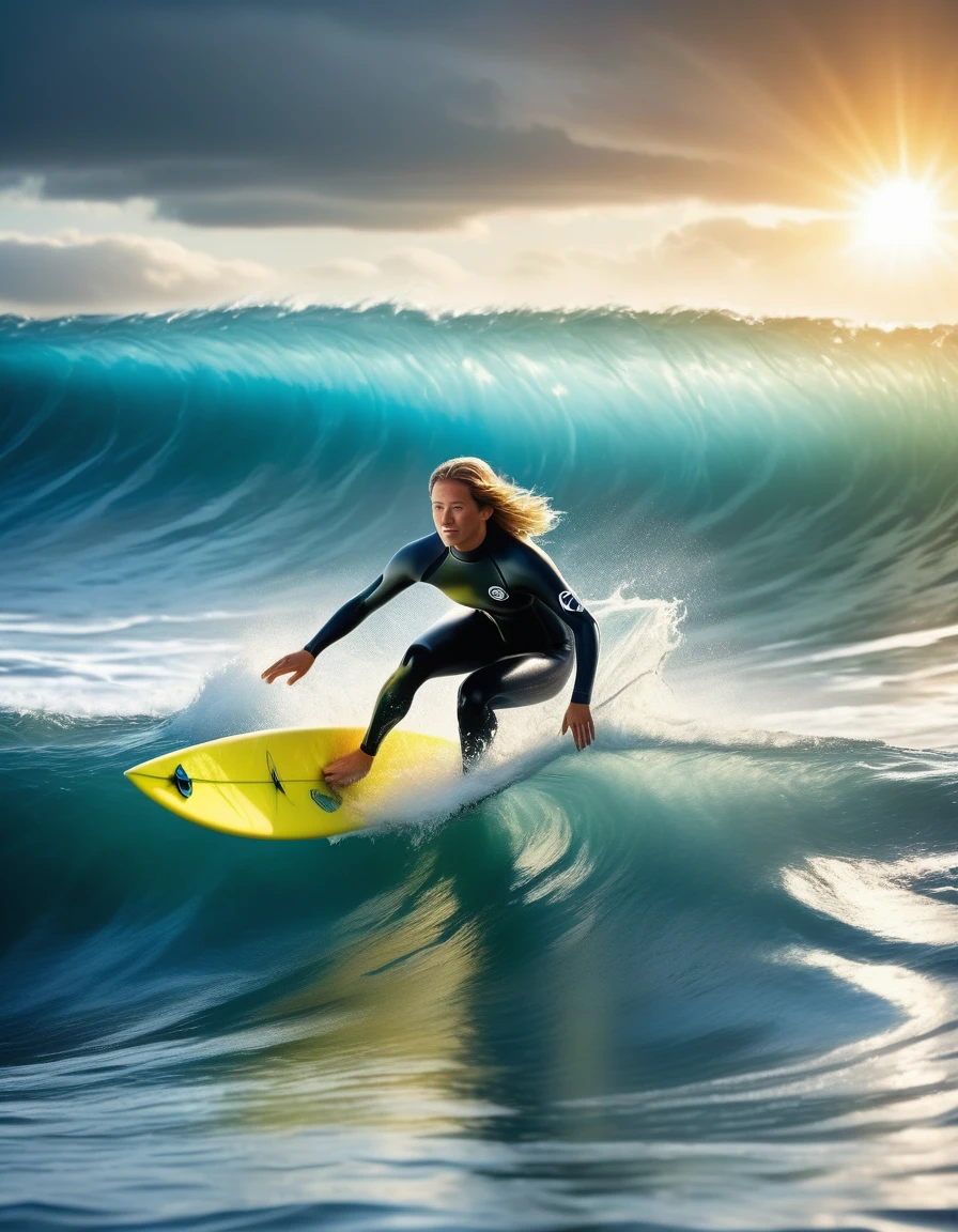 Female surfer riding big big wave pipeline、Dramatic ocean waves、Cloudy、Sun glare、Wetsuits、Dynamic Motion Blur:1.5、Splash of the sea、Bright colors、Photorealistic、8k、Highest quality、masterpiece、Super detailed、Extremely detailed
