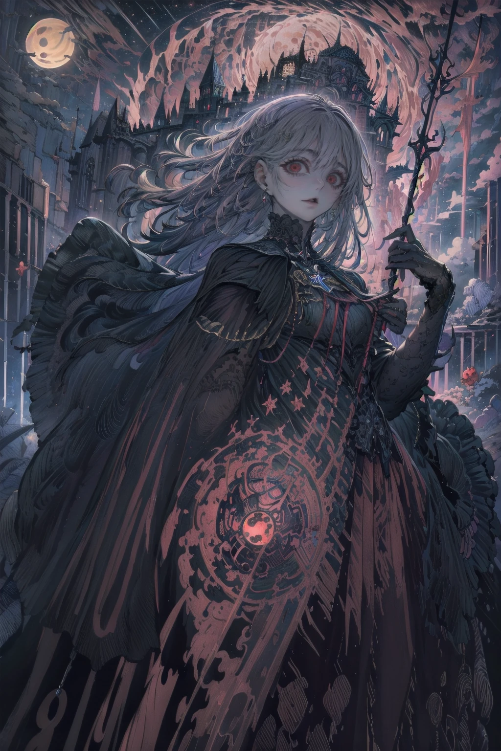 Attention to detail, Highest quality, 8k, [Super detailed], masterpiece, Highest quality, (Very detailed), Dynamic Angle, Ultra Wide Shot, Realistic, Dark Fantasy Art, Gothic art, Dark RPG Art, Realistic芸術, 女性の人間の聖職者のUltra Wide Angle写真, Grab the spear, Wearing a black cloak, Black leather suit, With star seal (intense details, masterpiece, Best details: 1.5), High heel boots, sacred symbols for casting spells, white magic seal (intense details, masterpiece, Best details: 1.5), Symbols of the stars and the moon, Blue light from the symbol, Blonde (intense details, masterpiece, Best details: 1.5), Long Hair, Braided hair, small, Strong Eyes, Green Eyes, Moon and stars background, (( Goth worship atmosphere)), moon light Attention to detail, Highest quality, High resolution, Ultra Wide Angle
