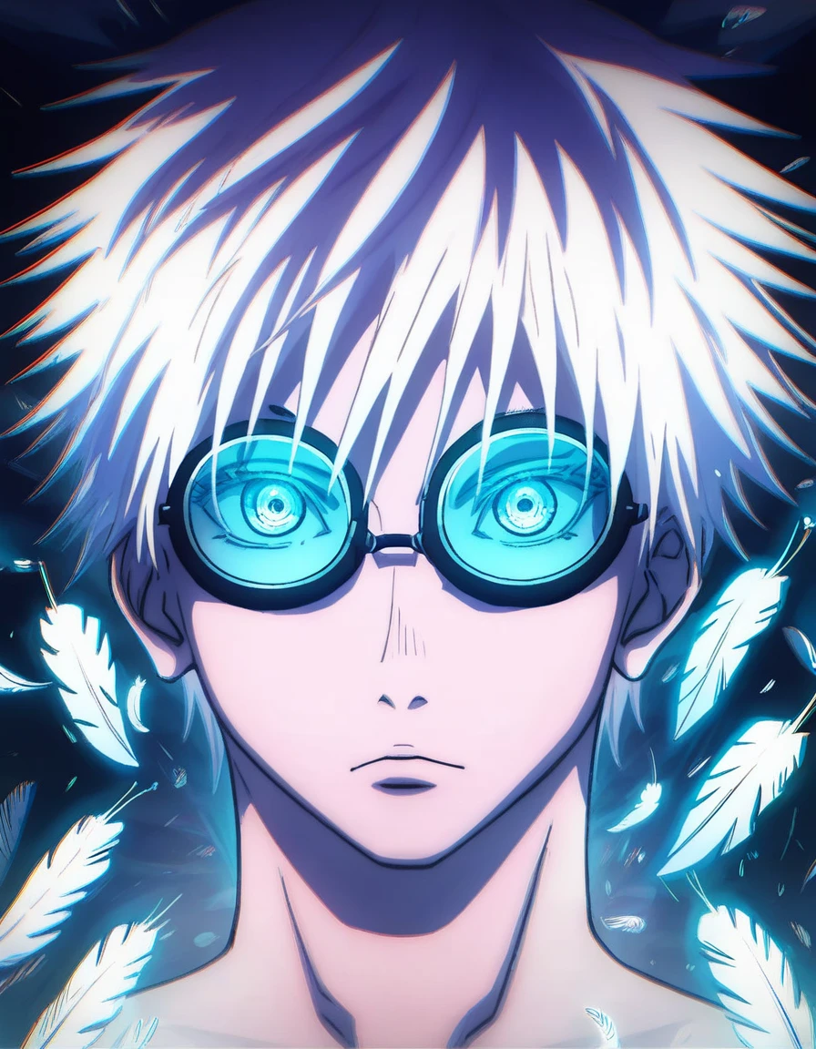 (score_9, score_8_up, score_7_up), zPDXL, 1 boy, alone, looking at viewer, simple warm colored background, neon blue eyes, background, short hair, white hair, broken glasses, lenses, neon blue feathers falling, serious look, determination, dark aura, front view, masterpiece, best quality, hyper detailed, cinematic light, intricate detail, high resolution, official art, detailed glow, blue light feathers, portrait, the pupil of the eyes with detailed structures, dark atmosphere, neon blue feathers, diffraction spike, vibrant colors, concept artist, electronic links, falling feather