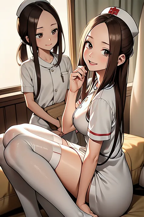 takagi-san adult, brown hair, brown eyes, parted bangs, ponytail, solo, nurse, ((white nurse cap, white nurse's outfit)), ((whit...