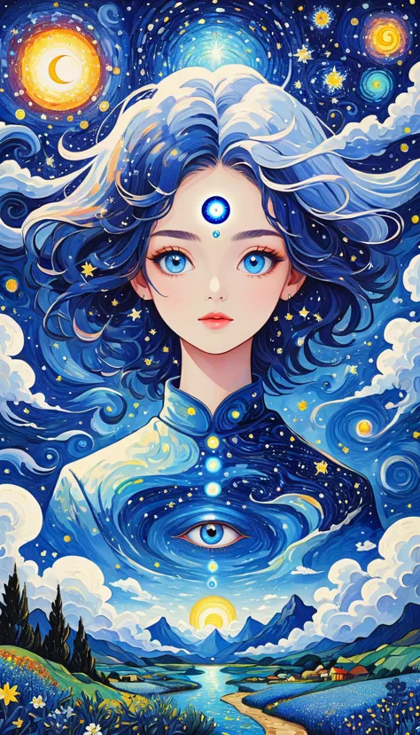 Psychedelic Art。plant、Marine Life、(((Charming eyes，The Third Eye)))、cloud、Starry Sky，Galaxy、Planet、Stitching together an abstrac...