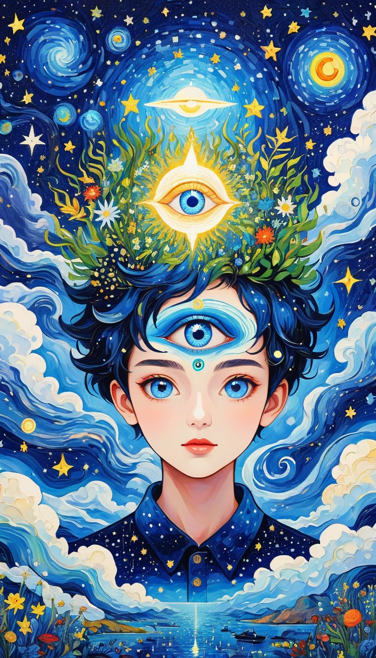 Psychedelic Art。plant、Marine Life、(((Charming eyes，The Third Eye)))、cloud、Starry Sky，Galaxy、Planet、Stitching together an abstract painting，Describing the inner world of autistic people，Sense of space，Blank，White space，Pointillism method，Childish lines，Klein Blue，assimilate into(van gogh)Art style