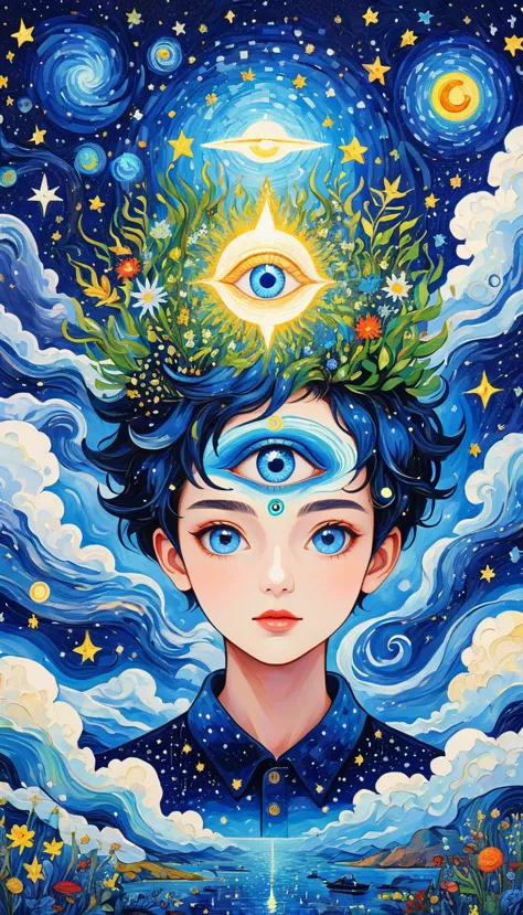 Psychedelic Art。plant、Marine Life、(((Charming eyes，The Third Eye)))、cloud、Starry Sky，Galaxy、Planet、Stitching together an abstrac...