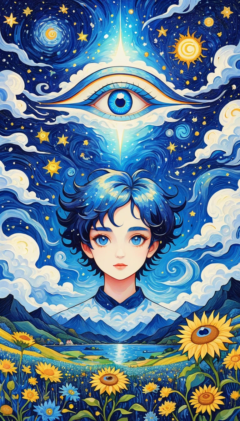 Psychedelic Art。plant、Marine Life、(((Charming eyes，The Third Eye)))、cloud、Starry Sky，Galaxy、Planet、Stitching together an abstract painting，Describing the inner world of autistic people，Sense of space，Blank，White space，Pointillism method，Childish lines，Klein Blue，assimilate into(van gogh)Art style