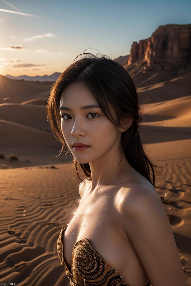 NSFW, naked pussy, closde up,“(Best Quality,4k,High resolution,masterpiece:1.2),ultra detailed,(realist,photorealist,photo-realist:1.37),Portraits,desert, rifle, detailed skin texture, tattoos, dramatic lighting, vibrant colors, arena dunes, intense look, long loose hair, aged wooden stock, intricate engravings, bullet shell, strong facial features, PENETRATING EYES, desert sunset, Rugged terrain, smoke trails, hard shadows, dust particles, intricate jewelry, tribal patterns