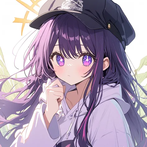 girl, hoshino ai, expressionless, stars in my eyes, black cap, put the cap on with your hand, purple long hair, white hoodie, ((...