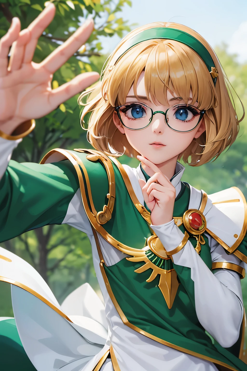 Fuu-Hououji、blonde、Bobcut、Glasseagic Knight Rayearth"、Magic Knight、Green Sailor Suit、Green ilver breastplate、White shoulder rest、White gauntlets、Long sword、（（（ＳＦＷ、sound、Highest quality、first-clasasterpiece、Normal body、8k、Detailed face、Ultra-precision、Normal hand、Normal finger、５Finger、Highest）））