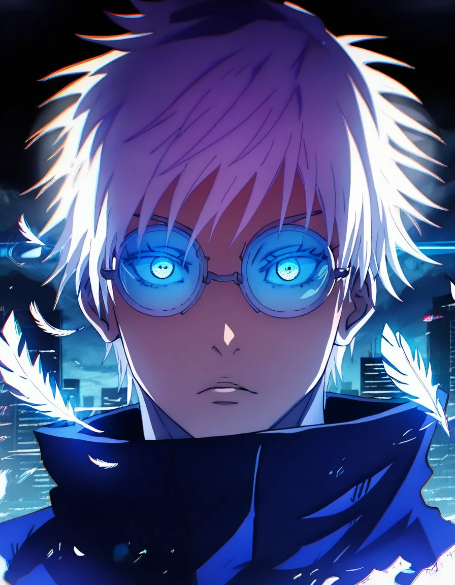 (score_9, score_8_up, score_7_up), zPDXL, 1 boy, alone, looking at viewer, simple warm colored background, neon blue eyes, city background, short hair, white hair shining, broken glasses, lenses, neon blue feathers falling, serious look, determination, dark aura, front view, masterpiece, best quality, hyper detailed, cinematic light, intricate detail, high resolution, official art, detailed glow, blue light feathers, the pupil of the eyes with detailed structures, dark atmosphere, neon blue feathers, diffraction spike, vibrant colors, concept artist, electronic links, falling feather, upper half body, satoru gojo, black outfit, cabe, city night background, red and blue energy, wallpaper, cinematic, 8K high resolution, bright light lighting, lens flare, sharpness, masterpiece, top quality, ultra-high definition, high resolution, extremely CG details, movie photography, masterpiece, hyper detail, light attack, blue and red  They give purple, infinity, throw light, energy attack,