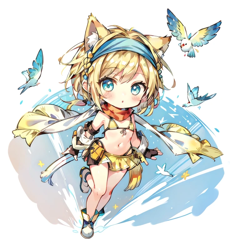 (masterpiece, Highest quality:1.3)、Chibi character backpack FF10,  One girl, alone, Short Hair、Blonde Hair、Cat ear、Turquoise Eyes, Flat Chest, skirt, Blonde, hair ornaments, gloves, belly button,Swimwear, Braiding, bikini, Removable sleeves, null, Day, cloud, miniskirt, fingerless gloves, scarf, head band, bird, bikini top only, @_@, yellow bikini, blue head band