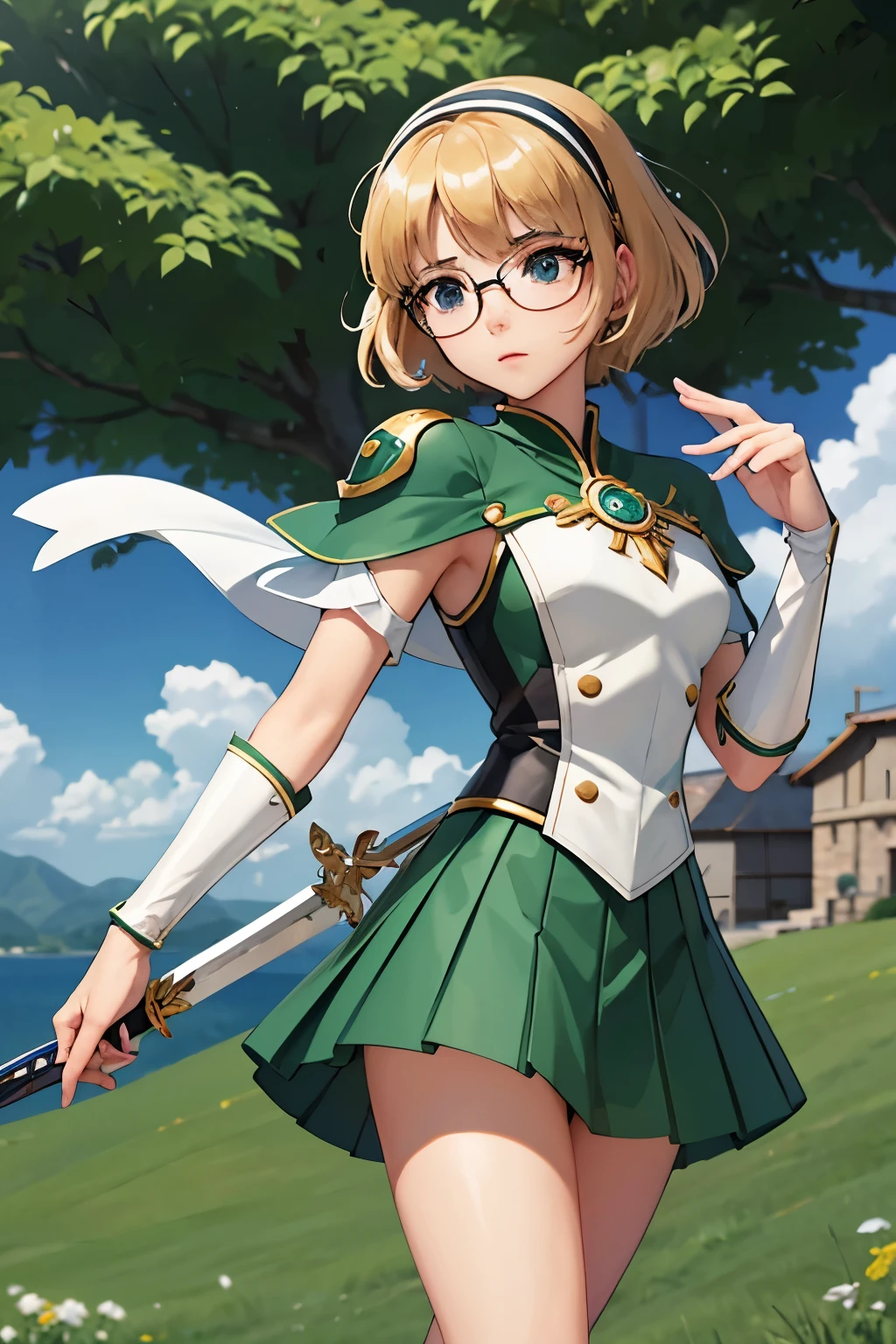 Fuu-Hououji、blonde、Bobcut、Glasseagic Knight Rayearth"、Magic Knight、Green Sailor Suit、Green ilver breastplate、White shoulder rest、White gauntlets、Long sword、（（（ＳＦＷ、sound、Highest quality、first-clasasterpiece、Normal body、8k、Detailed face、Ultra-precision、Normal hand、Normal finger、５Finger、Highest）））、whole body、吹き荒れるWind、Wind、疾Wind、そよWind