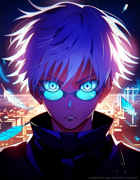 (score_9, score_8_up, score_7_up), zpdxl, 1 boy, alone, looking at viewer, simple warm colored background, neon blue eyes, city ...