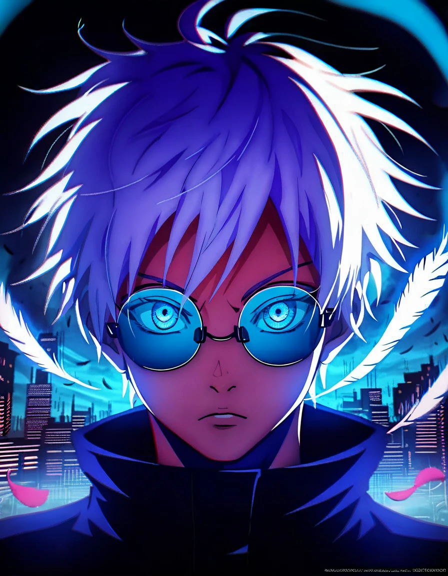 (score_9, score_8_up, score_7_up), zPDXL, 1 boy, alone, looking at viewer, simple warm colored background, neon blue eyes, city background, short hair, white hair shining, broken glasses, lenses, neon blue feathers falling, serious look, determination, dark aura, front view, masterpiece, best quality, hyper detailed, cinematic light, intricate detail, high resolution, official art, detailed glow, blue light feathers, the pupil of the eyes with detailed structures, dark atmosphere, neon blue feathers, diffraction spike, vibrant colors, concept artist, electronic links, falling feather, upper half body, satoru gojo, black outfit, cabe, city night background, red and blue energy, wallpaper, cinematic, 8K high resolution, bright light lighting, lens flare, sharpness, masterpiece, top quality, ultra-high definition, high resolution, extremely CG details, movie photography, masterpiece, hyper detail, light attack, blue and red  They give purple, infinity, throw light, energy attack,