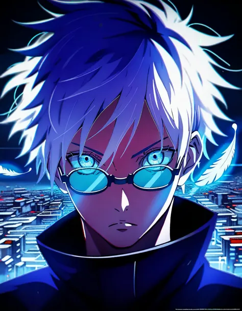 (score_9, score_8_up, score_7_up), zpdxl, 1 boy, alone, looking at viewer, simple warm colored background, neon blue eyes, city ...