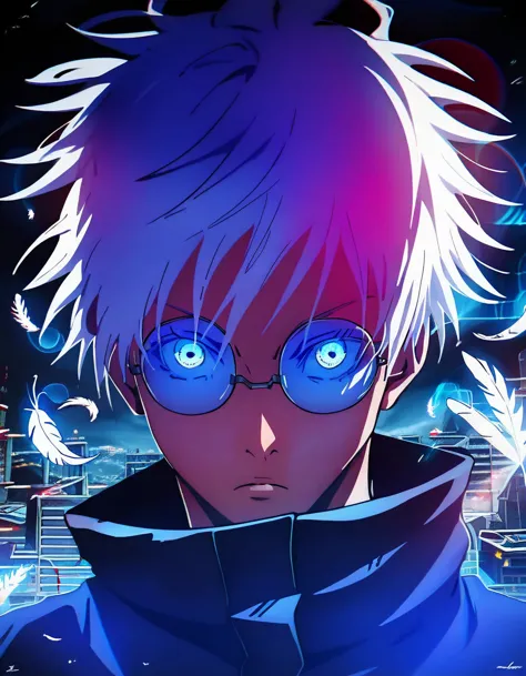 (score_9, score_8_up, score_7_up), zpdxl, 1 boy, alone, looking at viewer, simple warm colored background, neon blue eyes, city ...