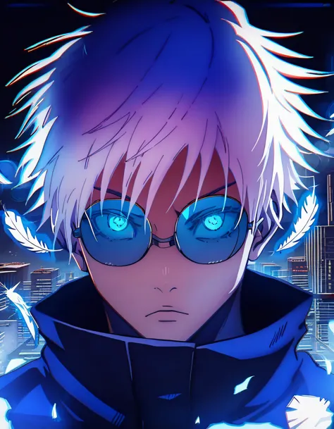 (score_9, score_8_up, score_7_up), zpdxl, 1 boy, alone, looking at viewer, simple warm colored background, neon blue eyes, city ...