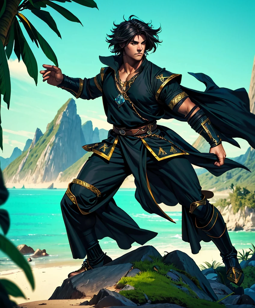 (((Single character image.))) (((1boy))) (((Solo focus.))) Generate a fantasy character.  This is an attractive, well-built male adventurer with long black hair, wearing traditional medieval fantasy attire and with a sexy, intense stare.  He seems like an epic fantasy anti-hero. Tropical background.  Medieval fantasy ships in background.