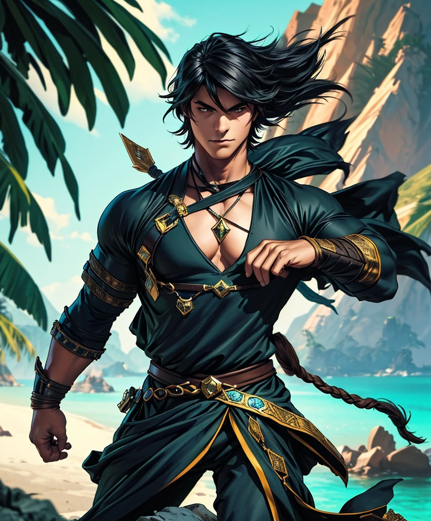 (((Single character image.))) (((1boy))) (((Solo focus.))) Generate a fantasy character.  This is an attractive, well-built male adventurer with long black hair, wearing traditional medieval fantasy attire and with a sexy, intense stare.  He seems like an epic fantasy anti-hero. Tropical background.  Medieval fantasy ships in background.