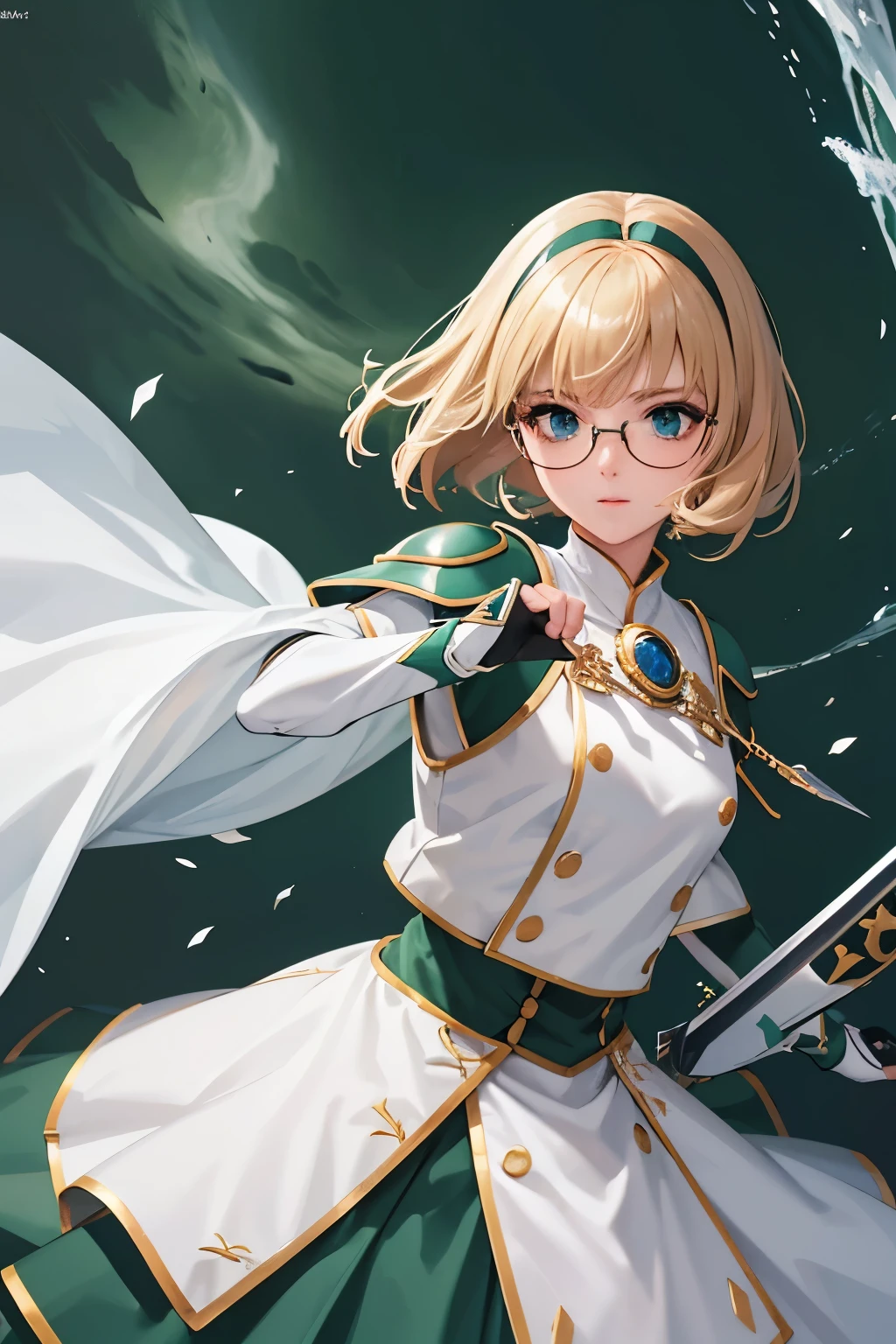 Fuu-Hououji、blonde、Bobcut、Glasseagic騎士レイアース"、Magic Knight、Green Sailor Suit、Green ilver Breastplate、White shoulder rest、White gauntlets、Long sword、（（（ＳＦＷ、sound、Highest quality、first-clasasterpiece、Normal body、8k、Detailed face、Ultra-precision、Normal hand、Normal finger、５Finger、Highest）））、whole body、Wind、magic、storm