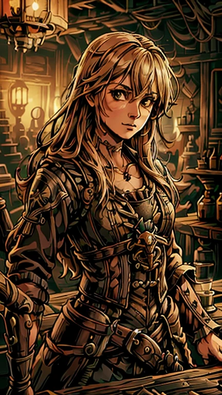 (1girl, Swann), (extremely detailed CG unit 8k wallpaper),(master part), (best quality), (ultra detail), (best illustration),(style of Dan Mumford), cowboy shot, (Sharp eyeliner, ombre, detail eyes:1), dark tavern interiors background, ,break , (salvagepirateworld), upper body,