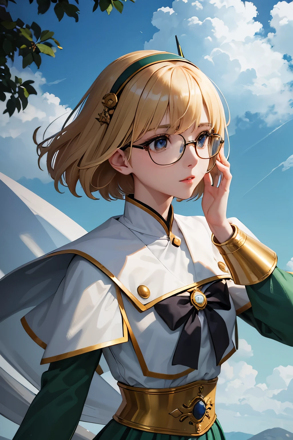 Fuu-Hououji、blonde、Bobcut、Glasseagic騎士レイアース"、Magic Knight、Green Sailor Suit、Green ilver Breastplate、White shoulder rest、White gauntlets、Long sword、（（（ＳＦＷ、sound、Highest quality、first-clasasterpiece、Normal body、8k、Detailed face、Ultra-precision、Normal hand、Normal finger、５Finger、Highest）））、whole body、Wind、magic、storm