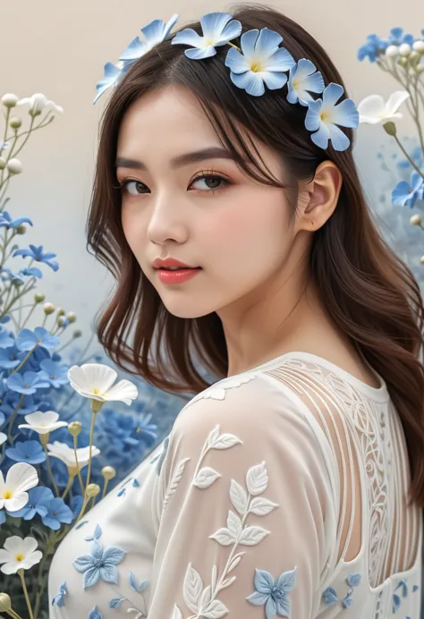 feminine, high detail and quality, 8k ultra hd, 3d, beautiful woman, plump, morning, nemophila, fashion magazine cover, seamless...