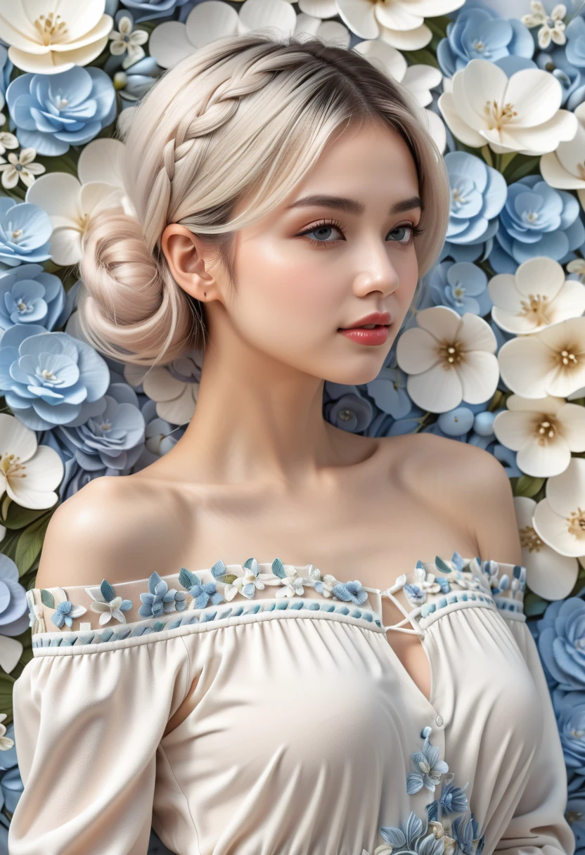 Feminine, high detail and quality, 8K Ultra HD, 3D, beautiful woman, plump, morning, nemophila, fashion magazine cover, seamless pattern, neutral pastel colors, mysterious off-white world, fabric art, art station, (a large number of detailed designs in pastel style that combine magic and fantasy: 1.3), splashes, wallpaper design aesthetics, white tones, realistic, super realistic, full color and impressive.